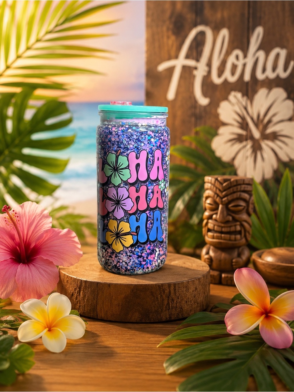 Glitter Beach Jar Tumbler with Aqua Lid - Aloha Design